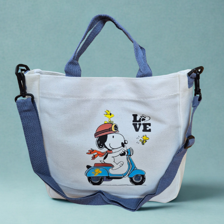 Snoopy & Woodstock Scooter Canvas Tote Bag – Nostalgic Peanuts Crossbody Shoulder Handbag